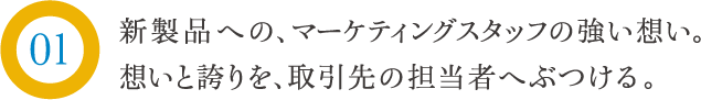 新製品への、マーケティングスタッフの強い想い。想いと誇りを、取引先の担当者へぶつける。