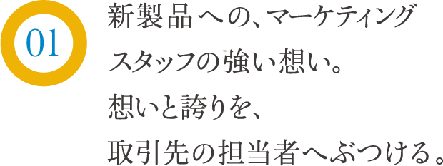 新製品への、マーケティングスタッフの強い想い。想いと誇りを、取引先の担当者へぶつける。