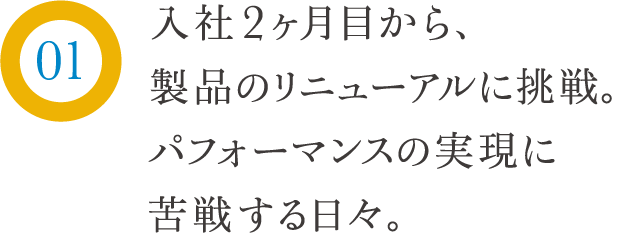 入社２ヶ月目から、製品のリニューアルに挑戦。パフォーマンスの実現に苦悩する日々。