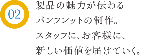 製品の魅力が伝わるパンフレットの制作。スタッフに、お客様に、新しい価値を届けていく。