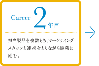 career 2年目 担当製品を複数もち、マーケティングスタッフと連携を取りながら開発に励む。