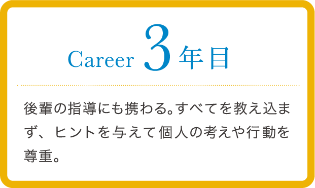 career 3年目 後輩の指導にも携わる。すべてを教え込まず、ヒントを与えて個人の考えや行動を尊重。