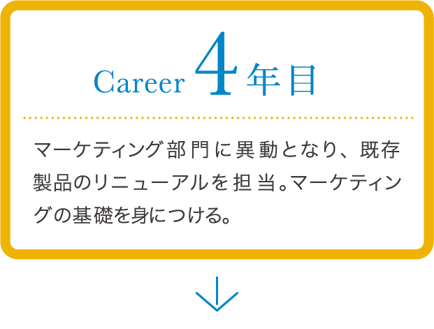 career 4年目 マーケティング部門に移動となり、既存製品のリニューアルを担当。マーケティングの基礎をつける。