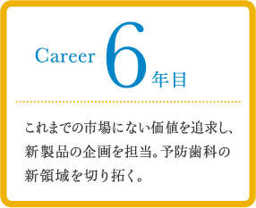 career 6年目 これまでの市場にない価値を追求し、新製品の企画を担当。予防歯科の新領域を切り拓く。