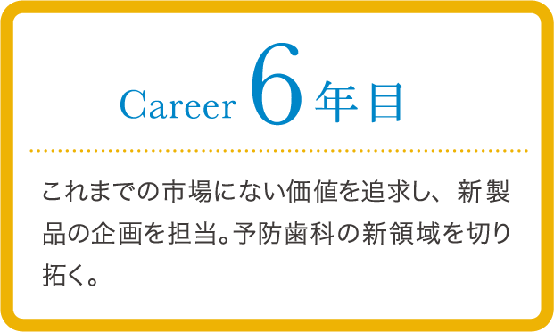 career 6年目 これまでの市場にない価値を追求し、新製品の企画を担当。予防歯科の新領域を切り拓く。