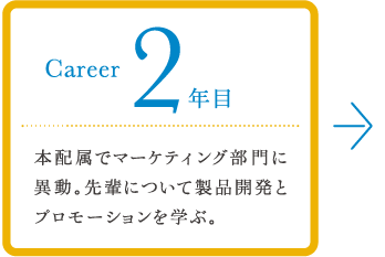 career 2年目 本配属でマーケティング部門に異動。先輩について製品開発とプロモーションを学ぶ。