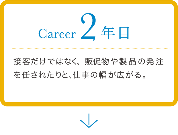 career 2年目 接客だけではなく、販促物や製品の発注を任されたりと、仕事の幅が広がる。