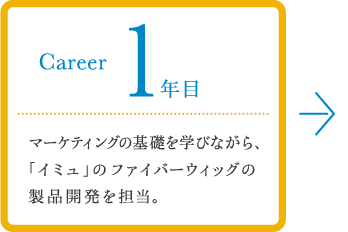 career 1年目 マーケティングの基礎を学びながら、「イミュ」のファイバーウィッグの製品開発を担当。