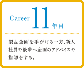 career 11年目 製品企画を手がける一方、新人社員や後輩へ企画のアドバイスや指導をする。